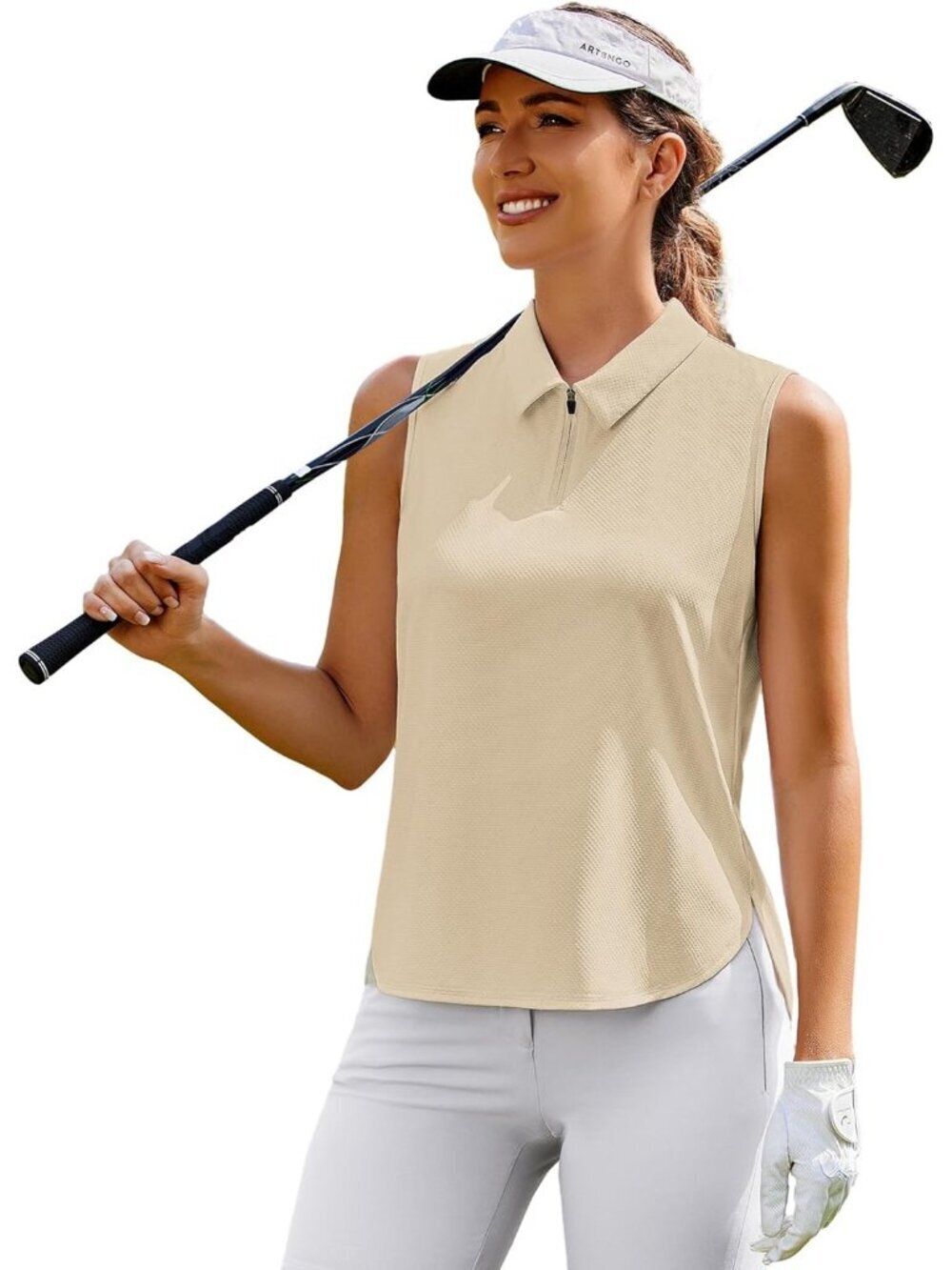 Women's Khaki Sleeveless Golf Shirt UPF 50+ Quick Dry Tennis Polo Top Active